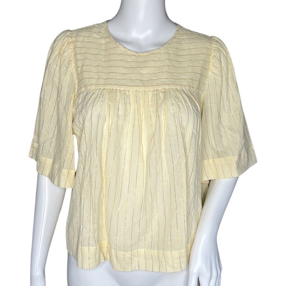 Happy x Nature Shirt Women Small‎ Cream Gold Stripe Peasant Blouse Office Casual